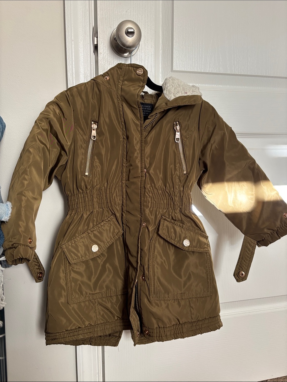 Dkny Girls Olive Green Puffer Coat with Faux Sherpa Hood